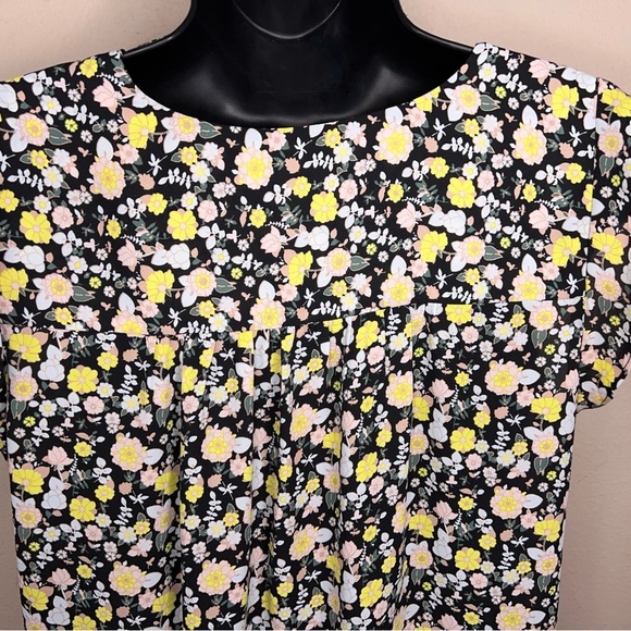 Small Ann Taylor LOFT Floral Blouse Ruffle Sleeve Black Yellow Pink Vneck - Picture 6 of 12